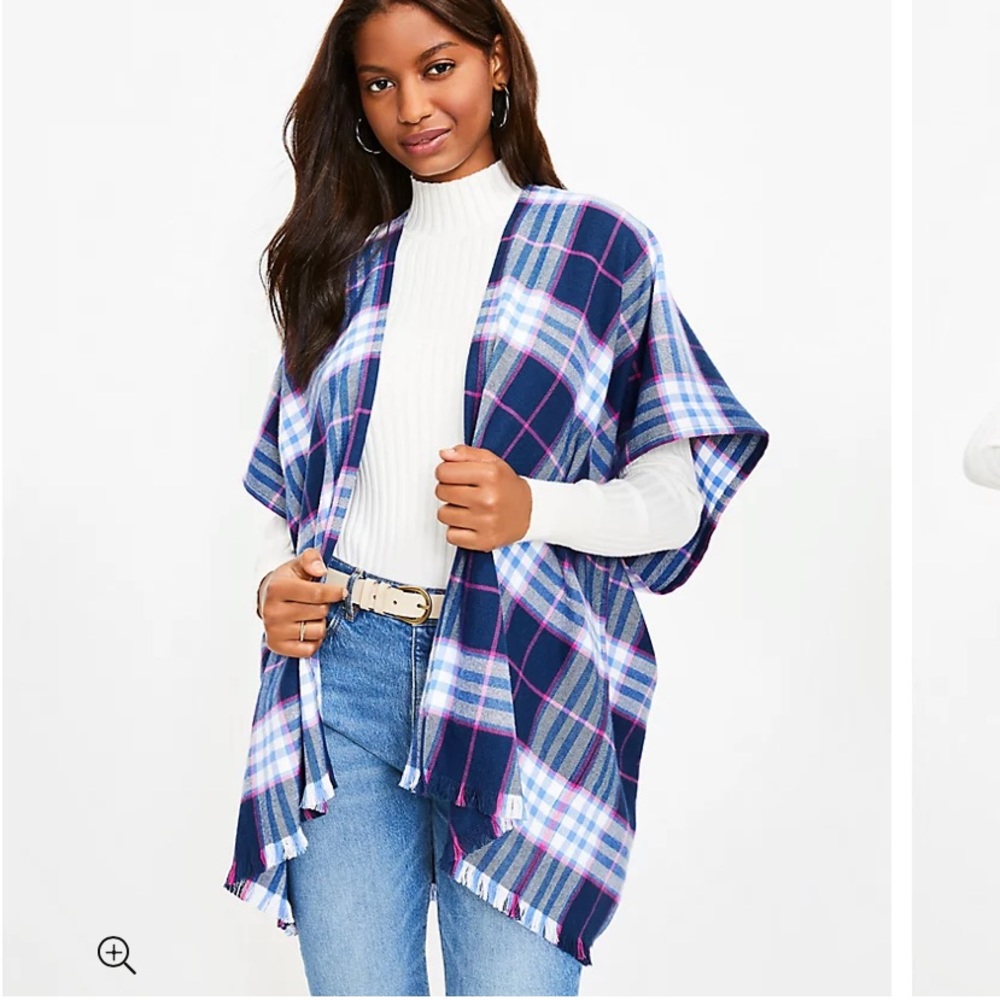 LOFT Ann Taylor Plaid Wrap Poncho Blue Pink Fringe Size XS / S NWOT